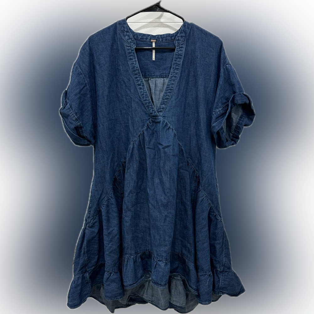 Free People Agnes Denim Dress Pleated Tiered Bottom Hem Side Pockets